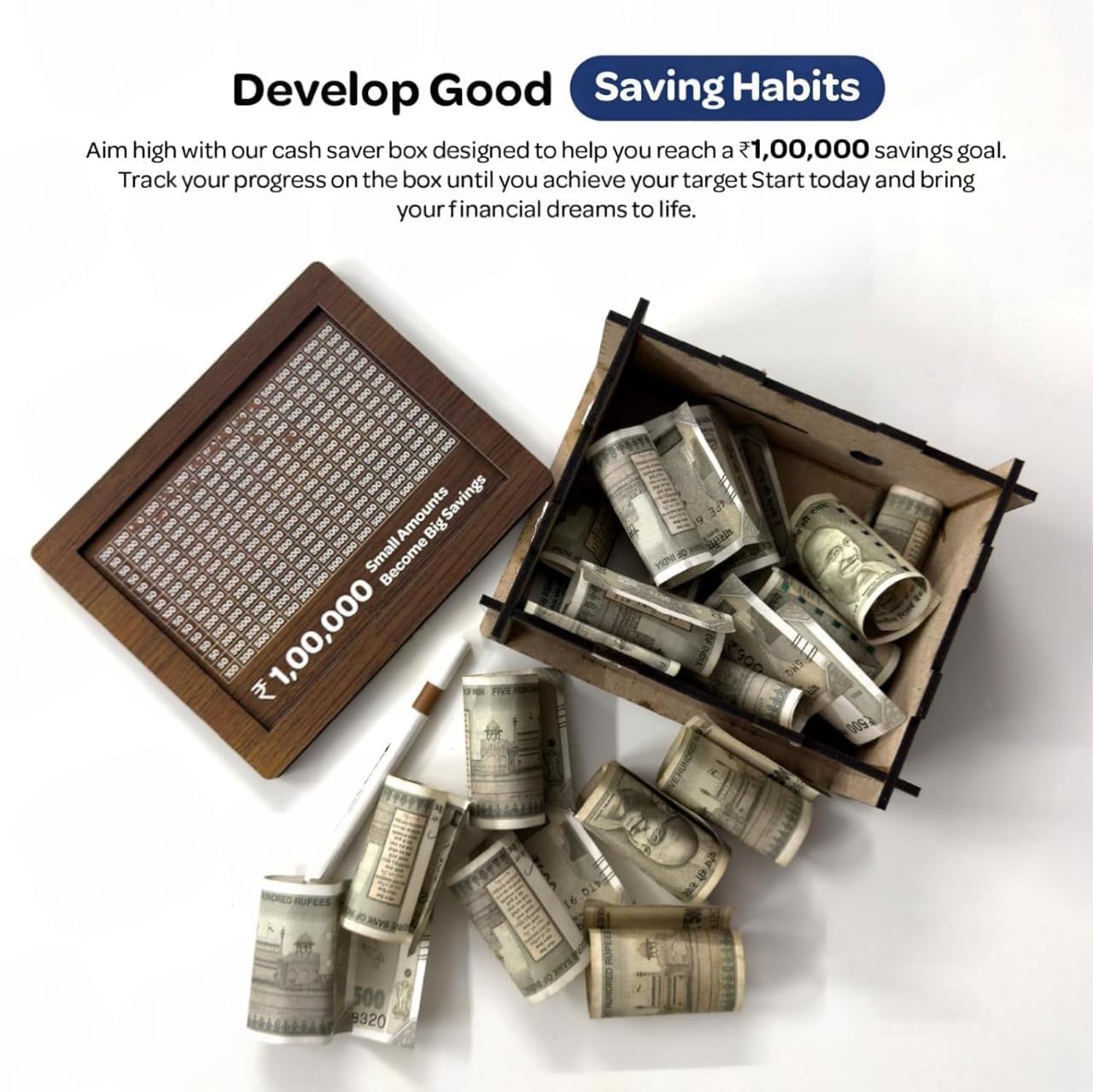 Money Saving Challenge Board Wooden Cash Savings Tracker Budget Planner Tool for Personal Finance Gifting & Goal Setting Small Amounts Become Big Bank.
