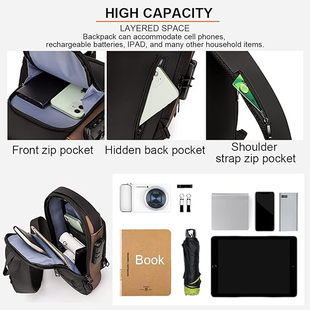 Multifunction Anti-theft Shoulder Bag Crossbody Bag Travel Sling Bag with USB Port and Code Lock Messenger Backpack Chest Bag for Male and female