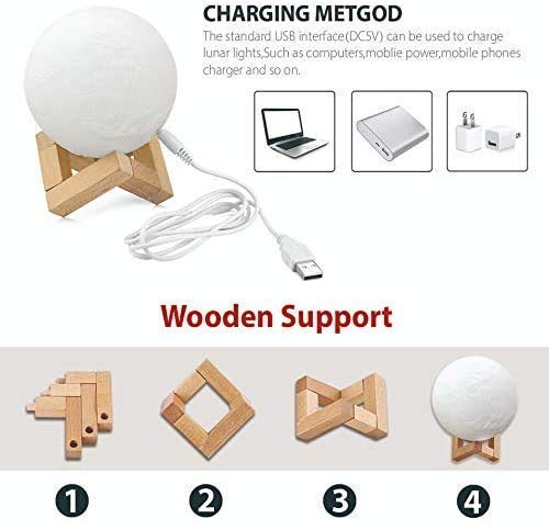 PRIMESKY 3D Moon Light Lamp Night Lamp with Wooden Stand Touch Sensor for Adult and Kids 7 Color Automatic Changing for Bedroom -15Cm