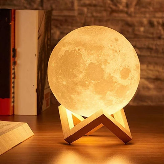 PRIMESKY 3D Moon Light Lamp Night Lamp with Wooden Stand Touch Sensor for Adult and Kids 7 Color Automatic Changing for Bedroom -15Cm
