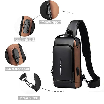 Multifunction Anti-theft Shoulder Bag Crossbody Bag Travel Sling Bag with USB Port and Code Lock Messenger Backpack Chest Bag for Male and female