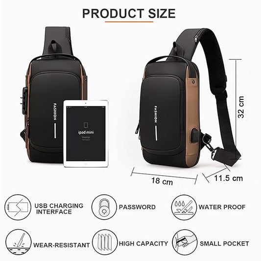 Multifunction Anti-theft Shoulder Bag Crossbody Bag Travel Sling Bag with USB Port and Code Lock Messenger Backpack Chest Bag for Male and female